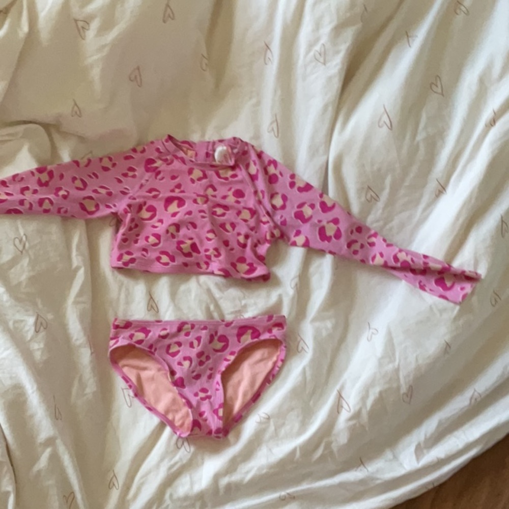 Girls, pink cheetah print long sleeve swimsuit